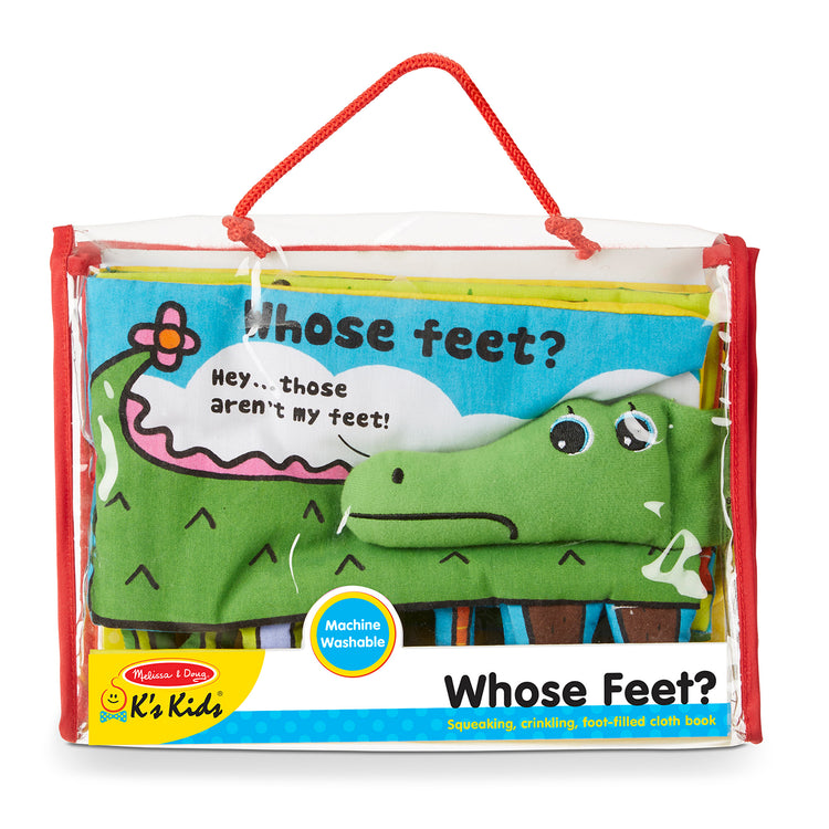 The front of the box for The Melissa & Doug Soft Activity Baby Book - Whose Feet?