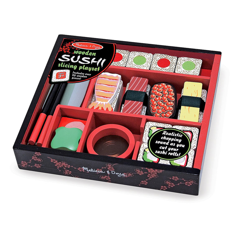 The front of the box for The Melissa & Doug Sushi Slicing Wooden Play Food Set