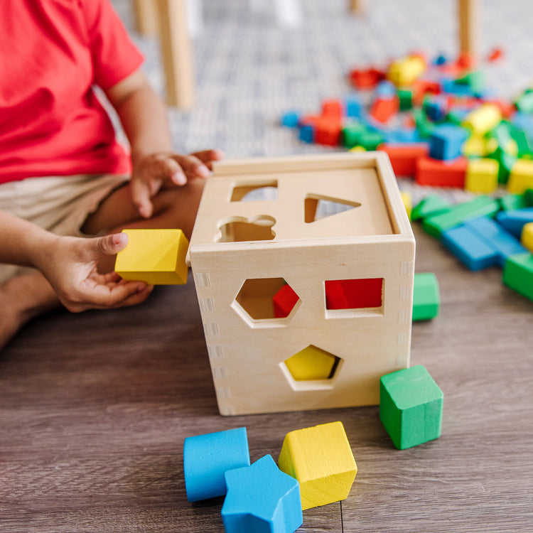 A kid playing with The Melissa & Doug Stack, Sort & Pound Wooden Toy Collection (Building Blocks, Shape Sorter, Pounding Bench)