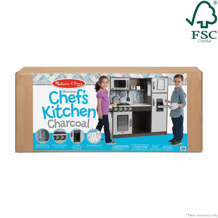 The front of the box for The Melissa & Doug Chef's Wooden Pretend Play Kitchen for Kids With “Ice” Cube Dispenser – Charcoal Gray