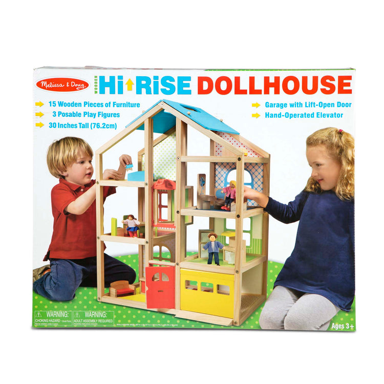 The front of the box for The Melissa & Doug Wooden Hi-Rise Dollhouse With 15 Furniture Pieces, Garage, Working Elevator