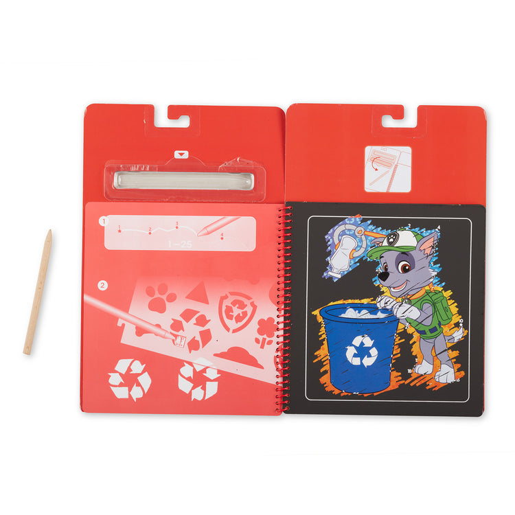 An assembled or decorated The Melissa & Doug PAW Patrol Scratch Art Pad - Marshall Color Reveal Travel Activity Pad (10 Scenes)