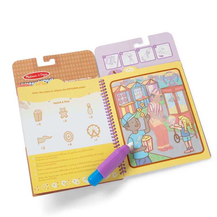 The loose pieces of The Melissa & Doug Scented Water WOW! Reusable Water-Reveal Coloring Activity Pad Travel Toy – Treats