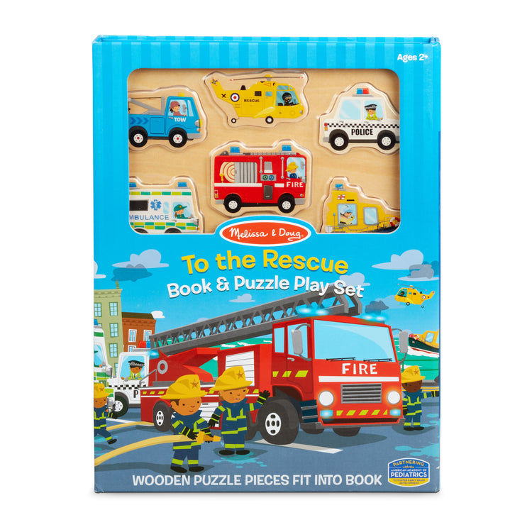 The front of the box for The Melissa & Doug To the Rescue Book and Wooden 6-Piece Puzzle Play Set