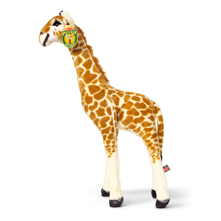 The front of the box for The Melissa & Doug Lifelike Plush Standing Baby Giraffe Stuffed Animal – 3 Feet Tall