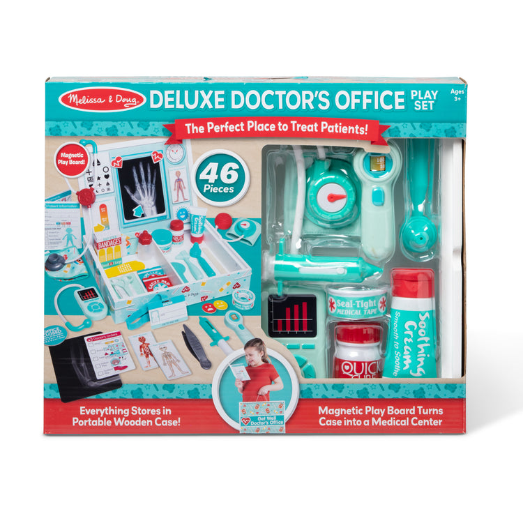 The front of the box for The Melissa & Doug Deluxe Doctor’s Office Play Set with Take-Along Wooden Case and Magnetic Play Board – 46 Pieces