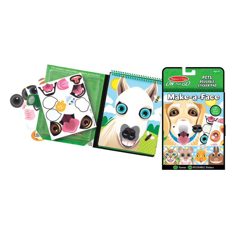 The loose pieces of The Melissa & Doug Make-a-Face Reusable Sticker Pad Animals 3-Pack (Safari, Farm, Pets)