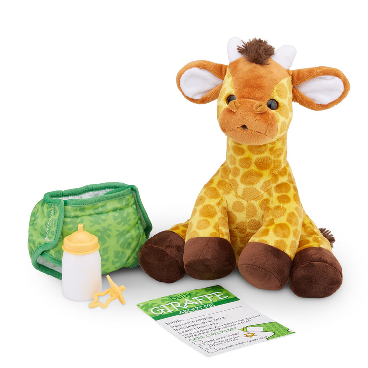 The loose pieces of The Melissa & Doug 11-Inch Baby Giraffe Plush Stuffed Animal with Pacifier, Diaper, Baby Bottle