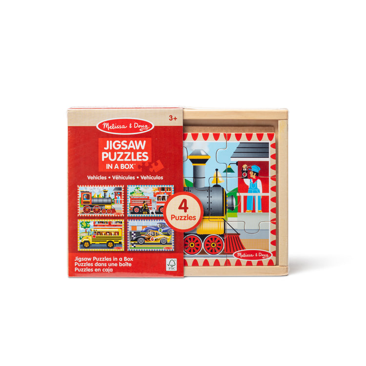 The front of the box for The Melissa & Doug Vehicles 4-in-1 Wooden Jigsaw Puzzles in a Storage Box (48 pcs)