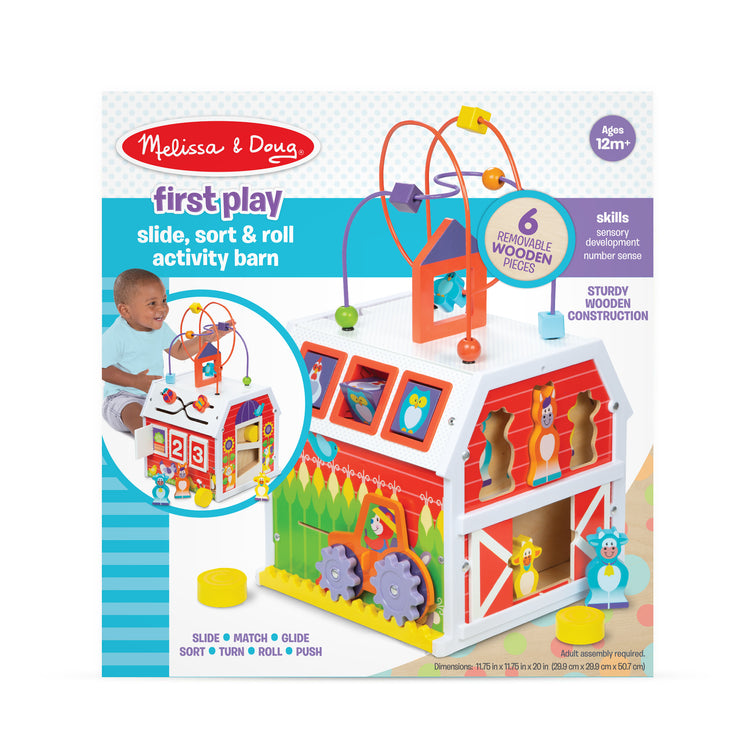 The front of the box for The Melissa & Doug First Play Slide, Sort & Roll Wooden Activity Barn with Bead Maze, 6 Wooden Play Pieces (11.75” x 11.75” x 20” Assembled)