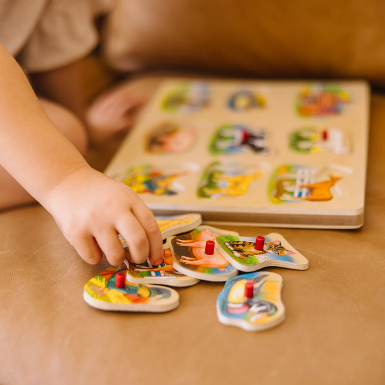 A kid playing with The Melissa & Doug Farm Sound Puzzle - Wooden Peg Puzzle With Sound Effects (8 pcs)