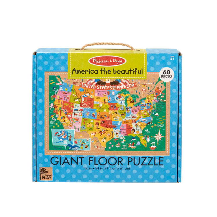 The front of the box for The Melissa & Doug Natural Play Giant Floor Puzzle: America the Beautiful (60 Pieces)