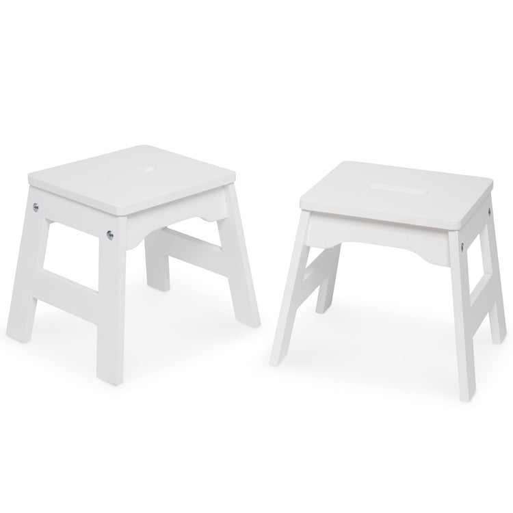 The loose pieces of The Melissa & Doug Wooden Stools – Set of 2 Stackable, Portable 11-Inch-Tall Stools (White)