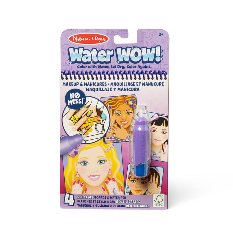 The front of the box for The Melissa & Doug On the Go Water Wow! Reusable Water-Reveal Activity Pad - Makeup and Manicures