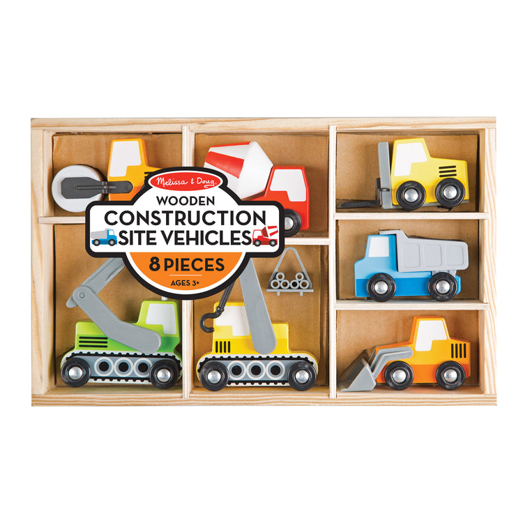 The front of the box for The Melissa & Doug Wooden Construction Site Vehicles With Wooden Storage Tray (8 pcs)