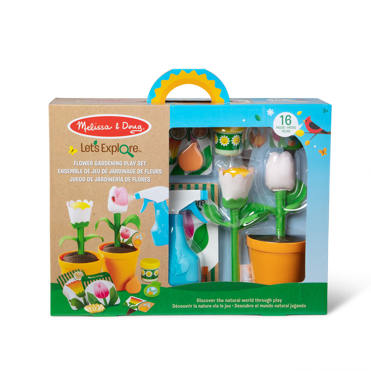 The front of the box for The Melissa & Doug Let’s Explore Flower Gardening Play Set with Color-Changing Flowers (16 Pieces)