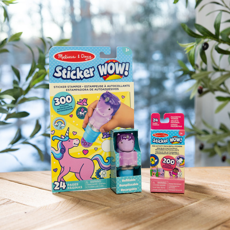 A playroom scene with The Melissa & Doug Sticker WOW!™ Purple Unicorn Bundle: 24-Page Activity Pad, Sticker Stamper, 500 Stickers, Arts and Crafts Fidget Toy Collectible Character