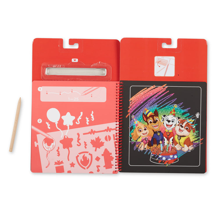 An assembled or decorated The Melissa & Doug PAW Patrol Scratch Art Pad - Marshall Color Reveal Travel Activity Pad (10 Scenes)