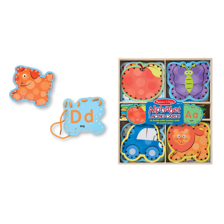 The loose pieces of The Melissa & Doug Alphabet Wooden Lacing Cards With Double-Sided Panels and Matching Laces