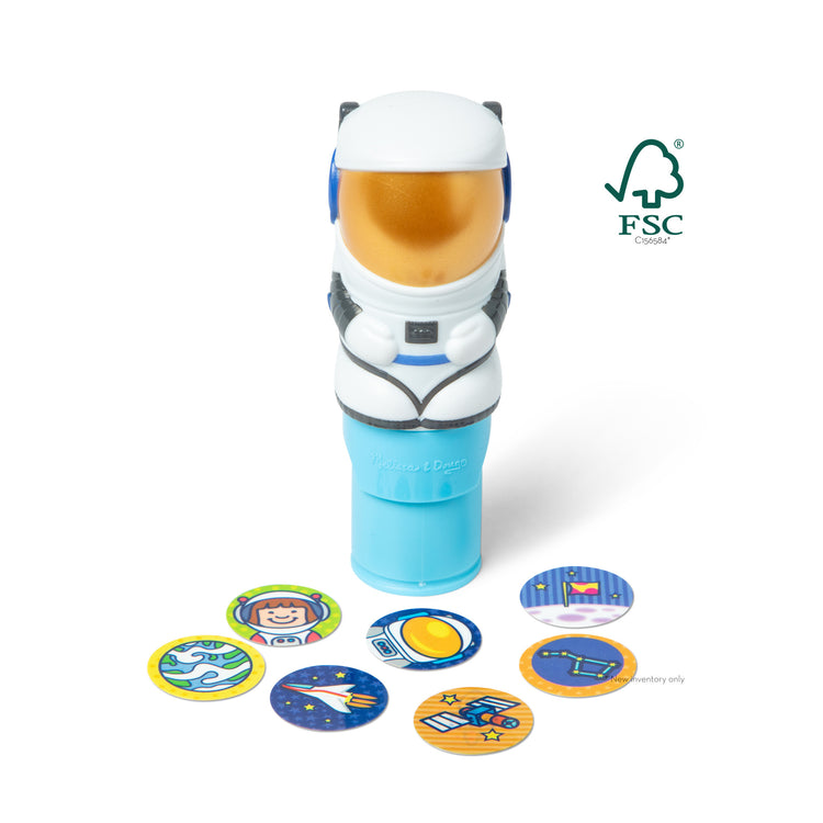 The loose pieces of The Melissa & Doug Sticker WOW!™ 24-Page Activity Pad and Sticker Stamper, 300 Stickers, Arts and Crafts Fidget Toy Collectible Character – Astronaut