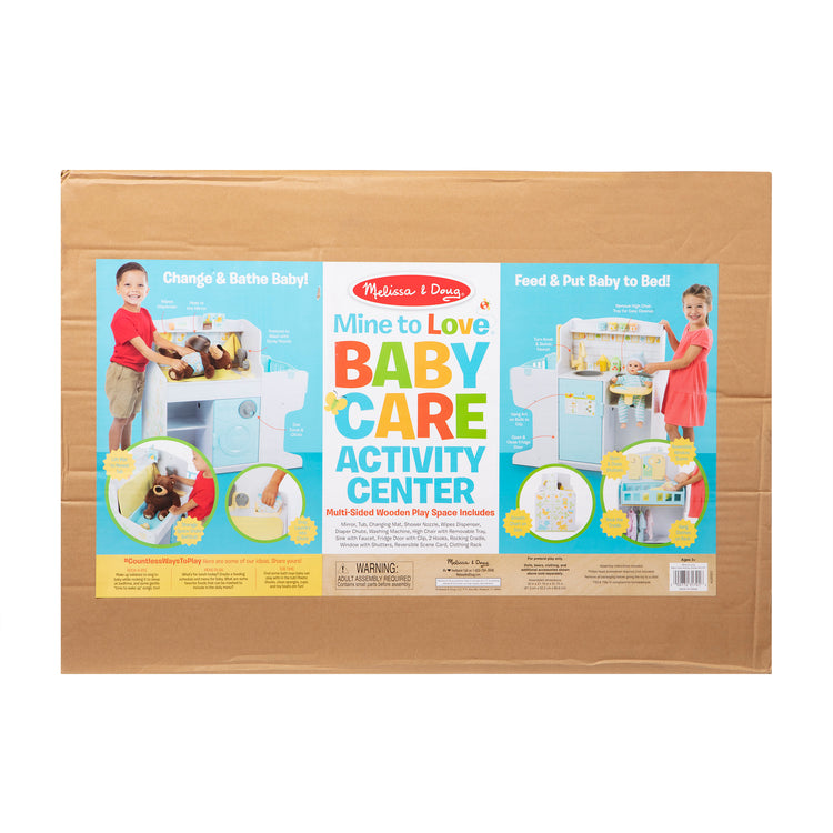 The front of the box for The Melissa & Doug Mine to Love Baby Care Activity Center for Dolls - Kitchen, Nursery, Bathing-Changing