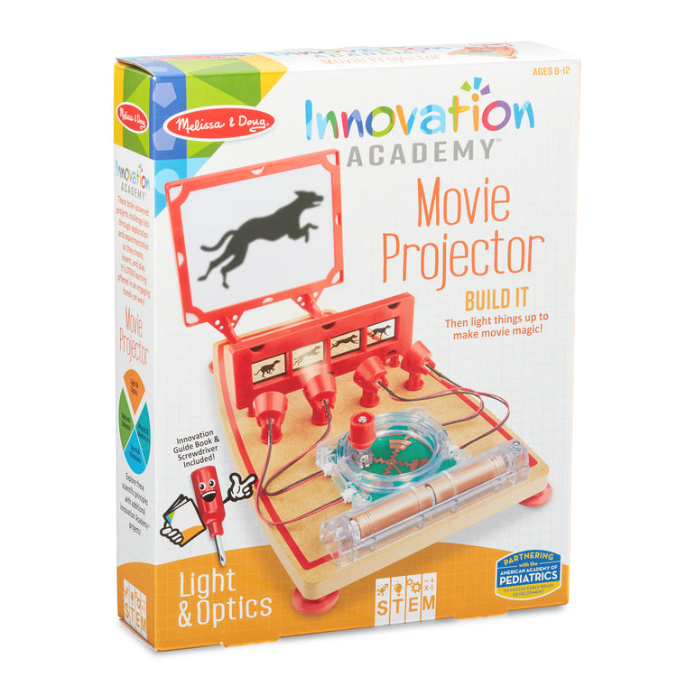 The front of the box for The Melissa & Doug Innovation Academy Movie Projector Wooden Build-and-Play Mini Movie Theater