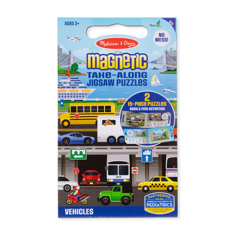 The front of the box for The Melissa & Doug Take-Along Magnetic Jigsaw Puzzles Travel Toy – Vehicles (2 15-Piece Puzzles)