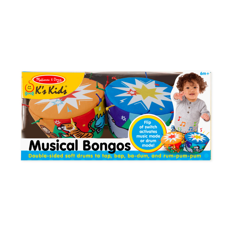 The front of the box for The Melissa & Doug K's Kids Bongo Drums Soft Musical Instrument
