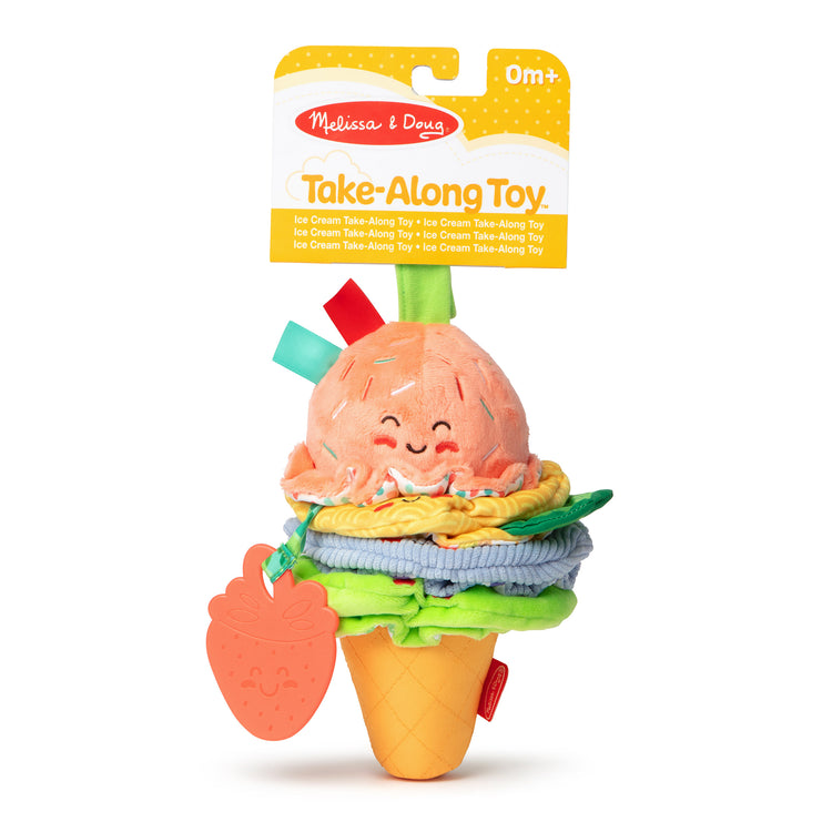 The front of the box for The Melissa & Doug Ice Cream Take-Along Clip-On Infant Toy with Sound and Vibration