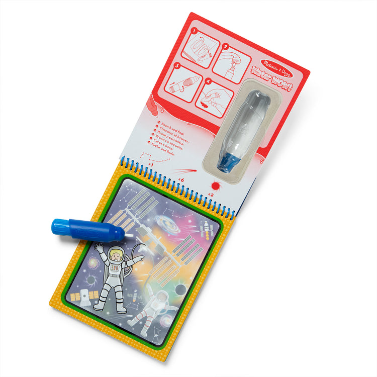 The loose pieces of The Melissa & Doug On the Go Space Water Wow! Reusable Mess-Free Water-Reveal Activity Pad