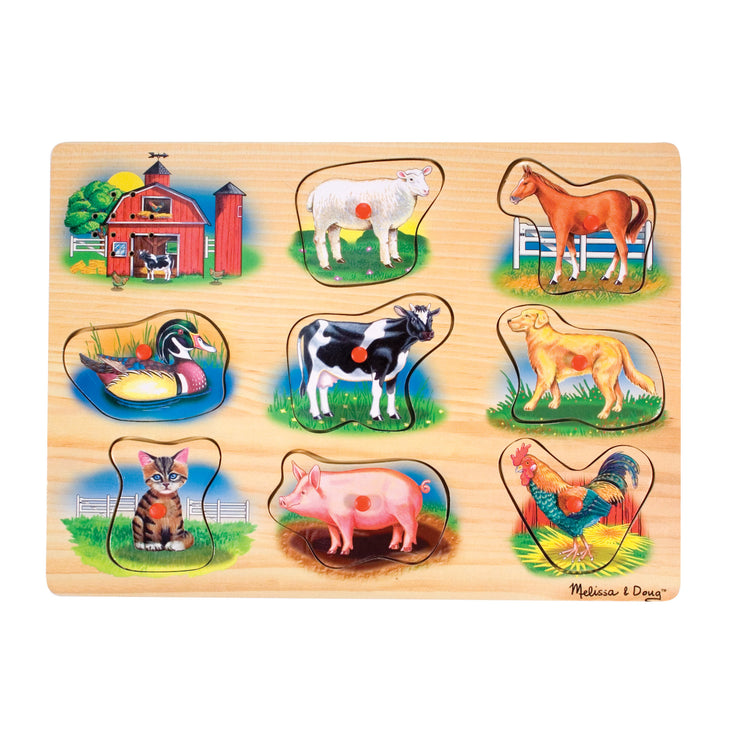 An assembled or decorated The Melissa & Doug Farm Sound Puzzle - Wooden Peg Puzzle With Sound Effects (8 pcs)