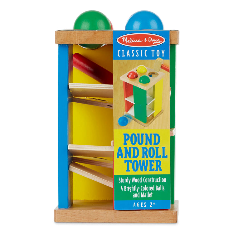 The front of the box for The Melissa & Doug Deluxe Pound and Roll Wooden Tower Toy With Hammer