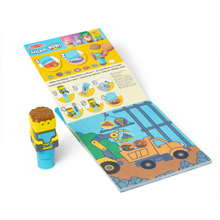 An assembled or decorated The Melissa & Doug Sticker WOW!™ 24-Page Activity Pad and Sticker Stamper, 300 Stickers, Arts and Crafts Fidget Toy Collectible Character – Bulldozer