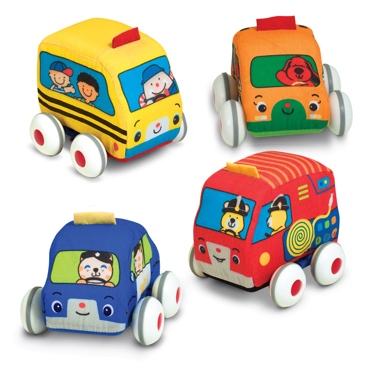 The loose pieces of The Melissa & Doug K's Kids Pull-Back Vehicle Set - Soft Baby Toy Set With 4 Cars and Trucks 