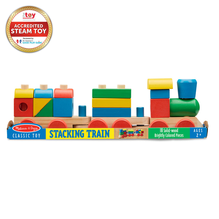 The front of the box for The Melissa & Doug Wooden Stacking Train Learning Toy Vehicle With 18 Connecting Pcs