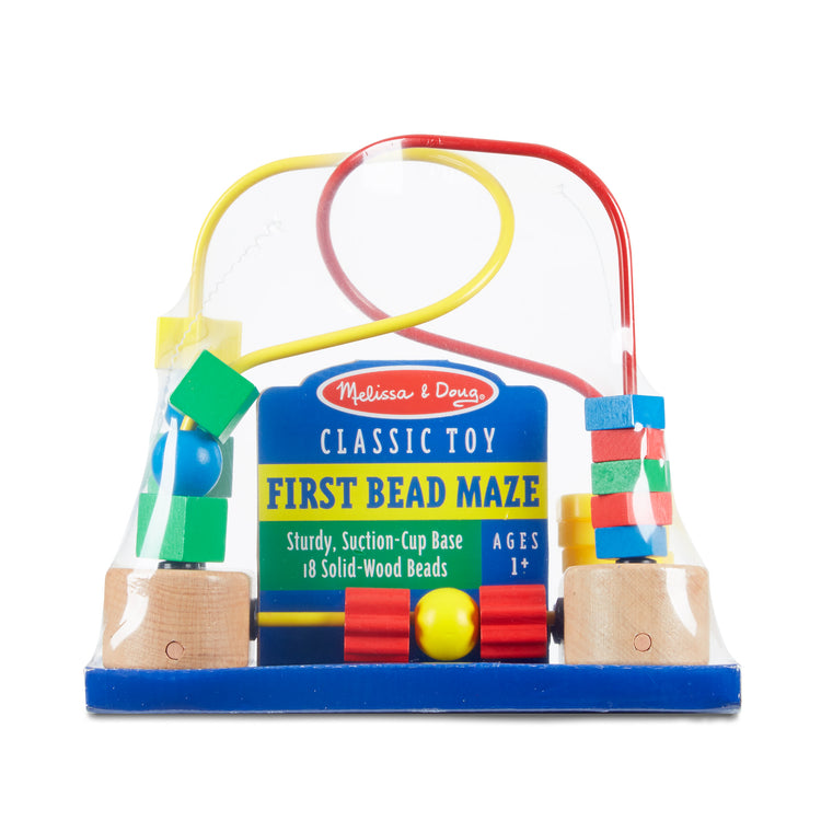The front of the box for The Melissa & Doug First Bead Maze - Wooden Educational Toy for Floor, High Chair, or Table