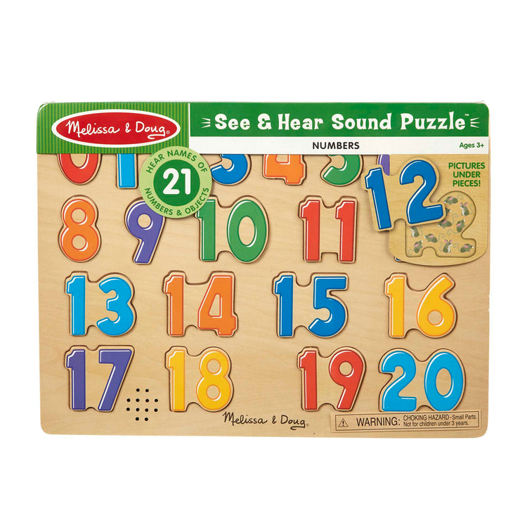 The front of the box for The Melissa & Doug Numbers Sound Puzzle - Wooden Counting Puzzle With Sound Effects (21 pcs)