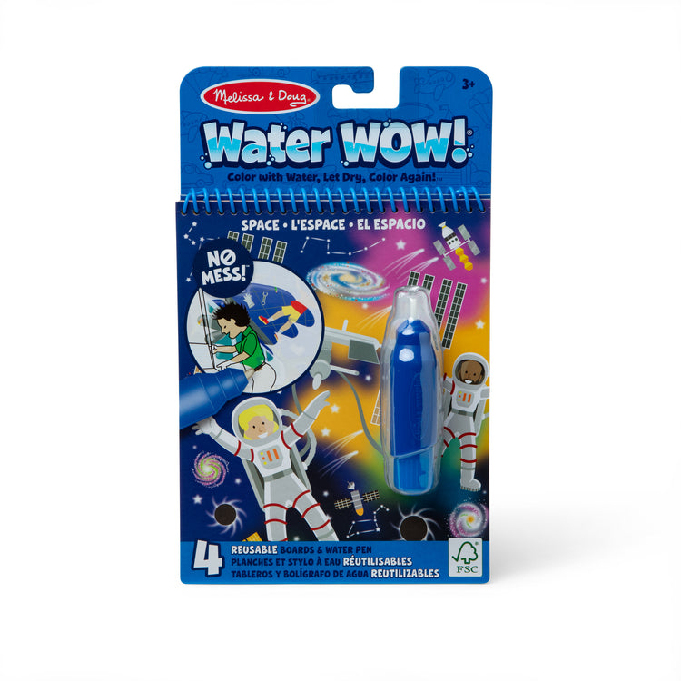 The front of the box for The Melissa & Doug On the Go Space Water Wow! Reusable Mess-Free Water-Reveal Activity Pad