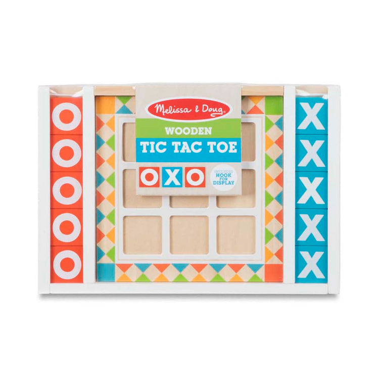 The front of the box for The Melissa & Doug Wooden Tic-Tac-Toe Board Game with 10 Self-Storing Wooden Game Pieces (12.5” W x 8.5” L x 1.25” D)
