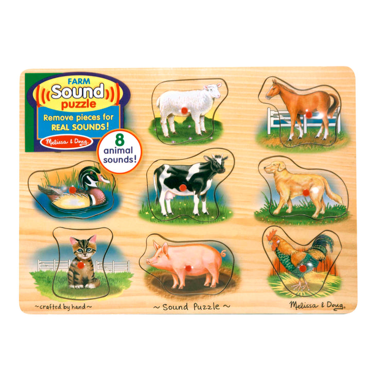 The front of the box for The Melissa & Doug Farm Sound Puzzle - Wooden Peg Puzzle With Sound Effects (8 pcs)