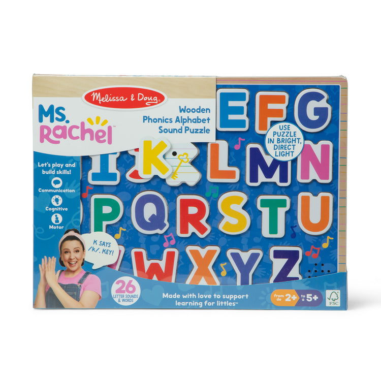 The front of the box for The Melissa & Doug® Ms. Rachel™ Wooden Phonics Alphabet Sound Puzzle, 24-Piece Toddler Toys for Boys and Girls Ages 2+ Years