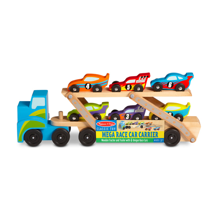 The front of the box for The Melissa & Doug Mega Race-Car Carrier - Wooden Tractor and Trailer With 6 Unique Race Cars