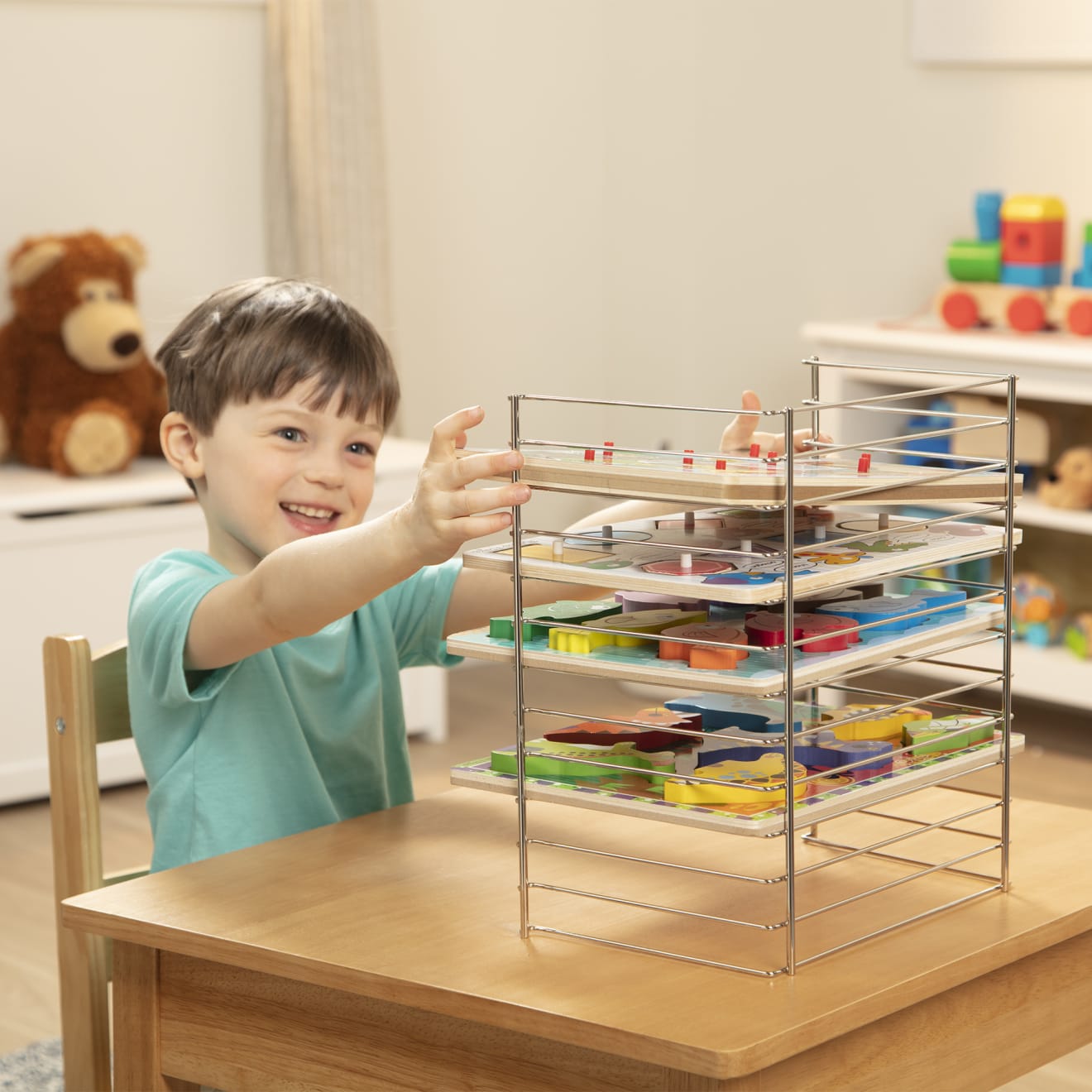 Wooden store puzzle organizer