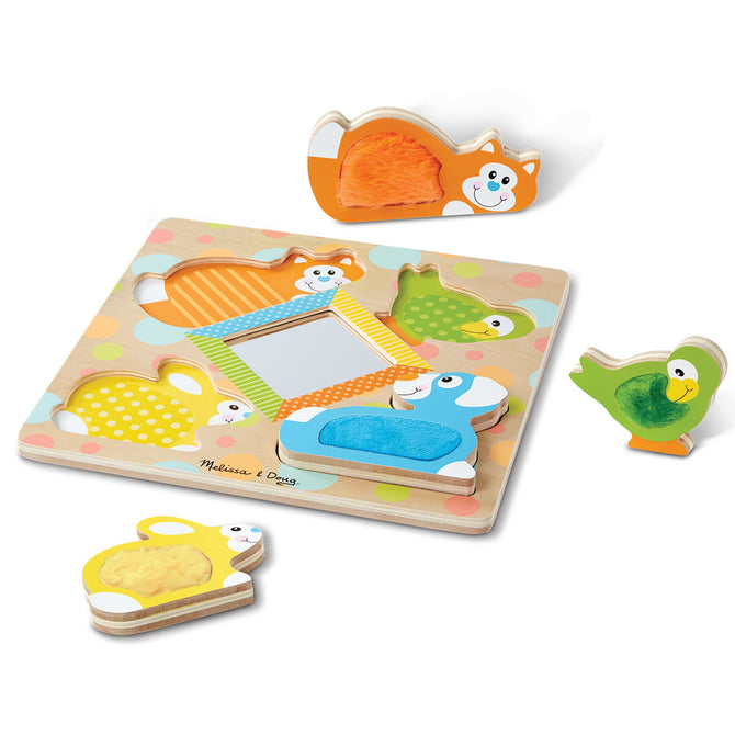 First Play Wooden Touch and Feel Puzzle Peek-a-Boo Pets With Mirror