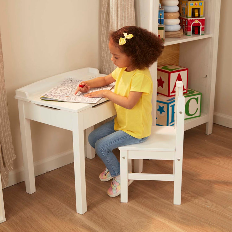 White MELISSA & DOUG Wooden Desk Table & Chair with Compartment School  Homework