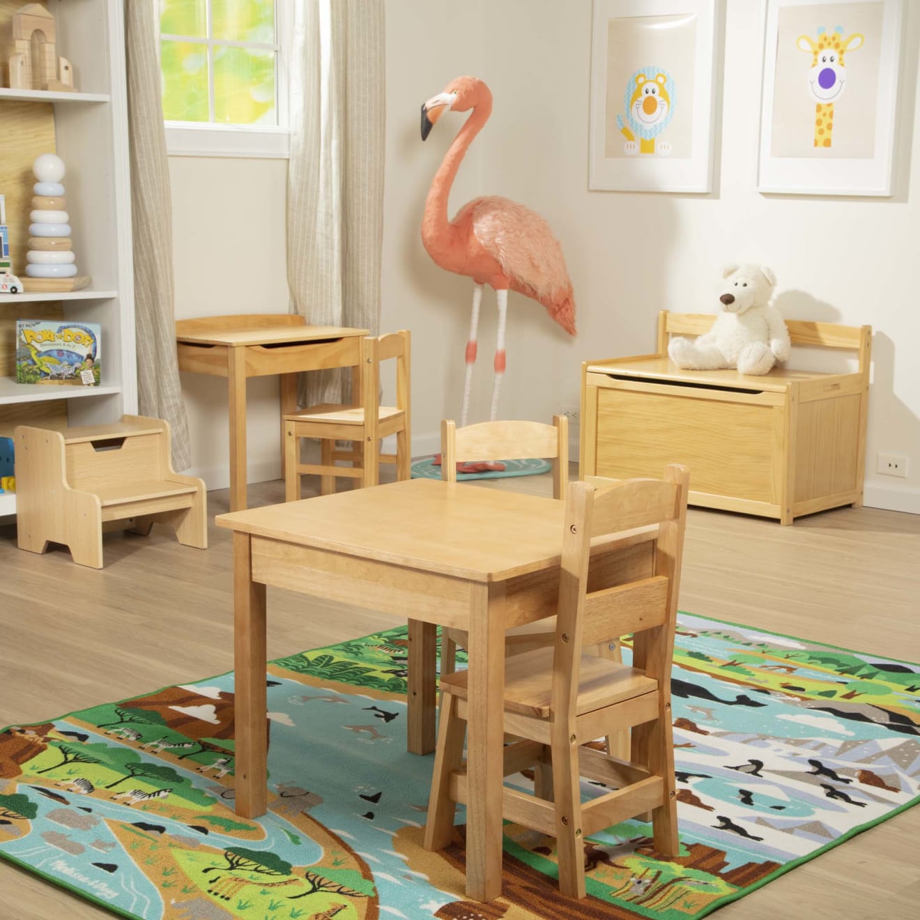 Wooden play table and shop chairs