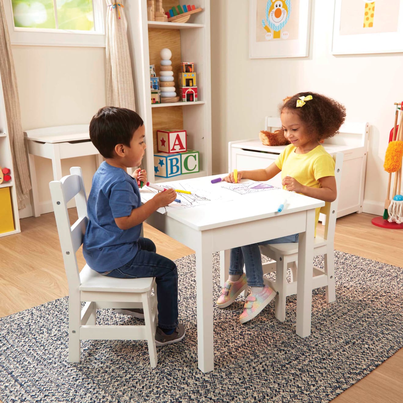 Kids wood shop table and chair